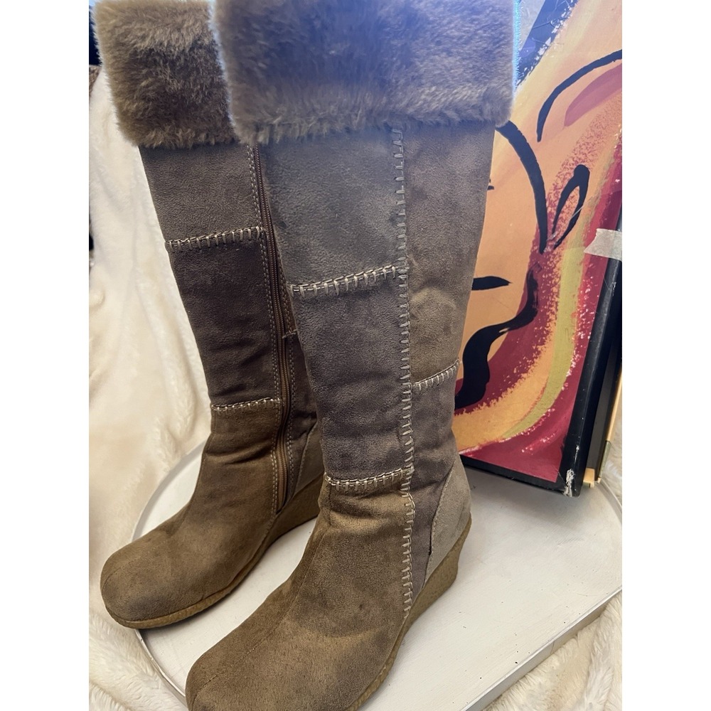 LOWER EAST SIDE PATCHWORK WEDGE BOOTS Knee-High Sz 8 In Box Boho Festival Fur